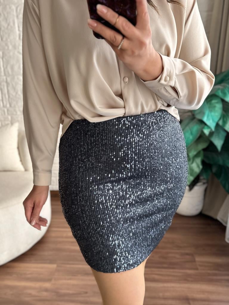 Füme Pul Payet Detaylı Beli Lastikli Likralı Etek
