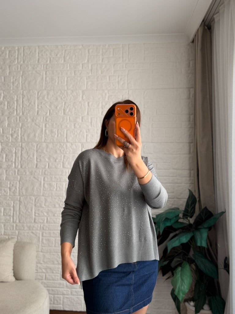 Füme Taşlı Yan Yırtçalı Oversize Triko Kazak