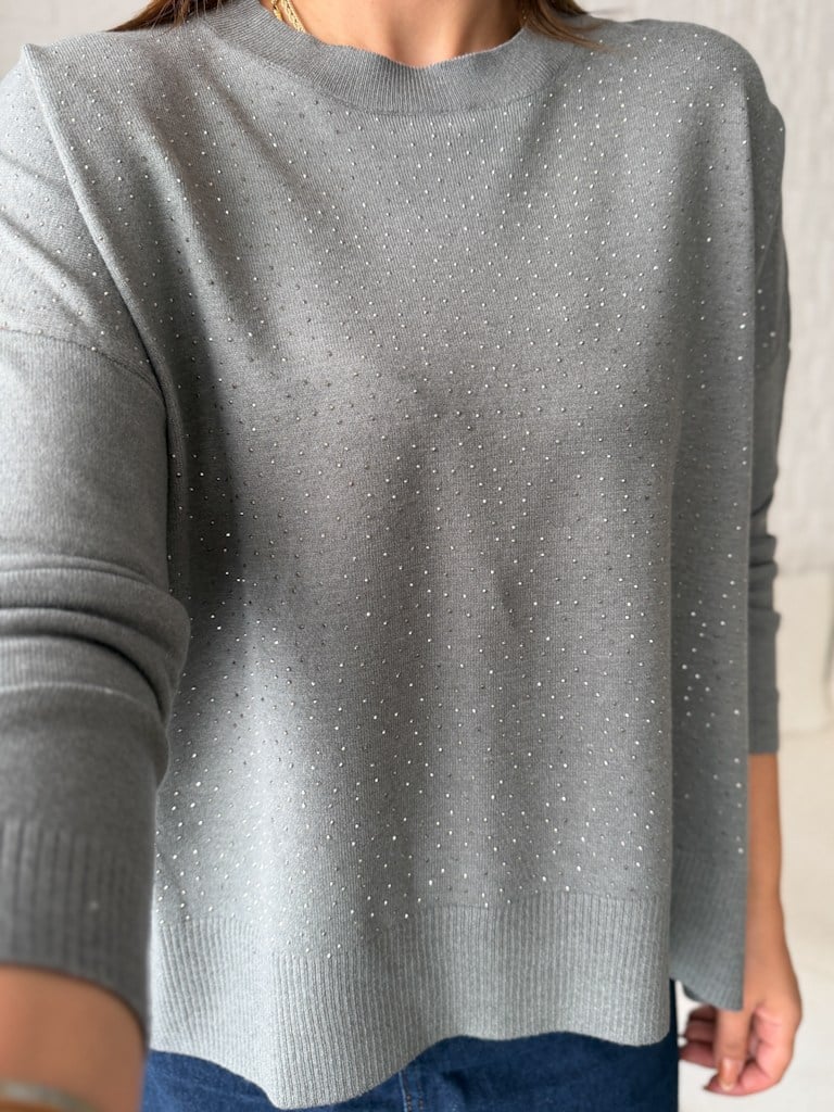 Füme Taşlı Yan Yırtçalı Oversize Triko Kazak