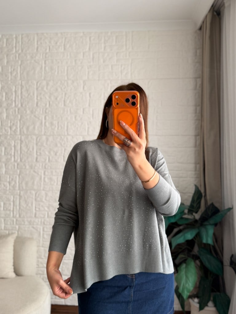 Füme Taşlı Yan Yırtçalı Oversize Triko Kazak