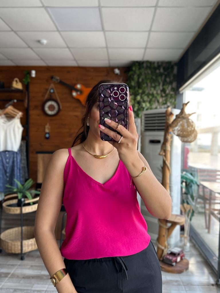 Fuşya Pembe İthal Aerobin Kumaş Askılı Bluz