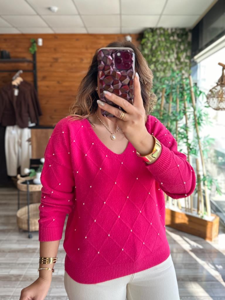 Fuşya Pembe  V Yaka İnci Detay Baklava Desen Yumoş Triko Kazak