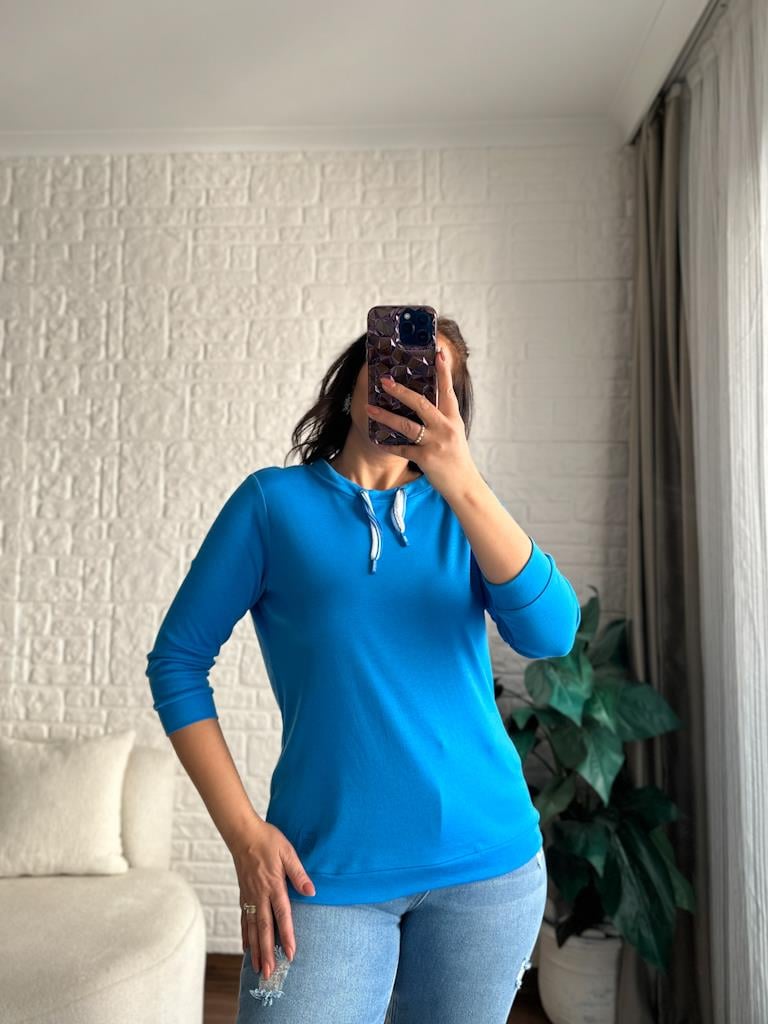 Geniş Yaka İpli Basic Tok Penye Bluz Mavi