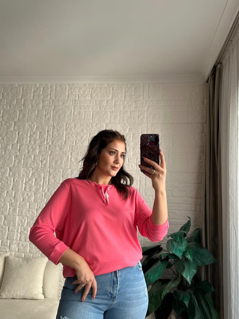 Geniş Yaka İpli Basic Tok Penye Bluz Pembe