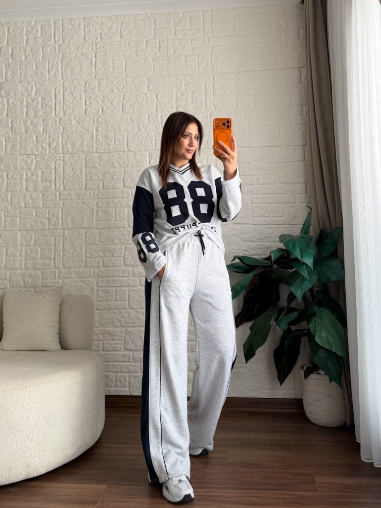 Gri Lacivert Şeritli İki İplik Pamuk Eşofman Altı