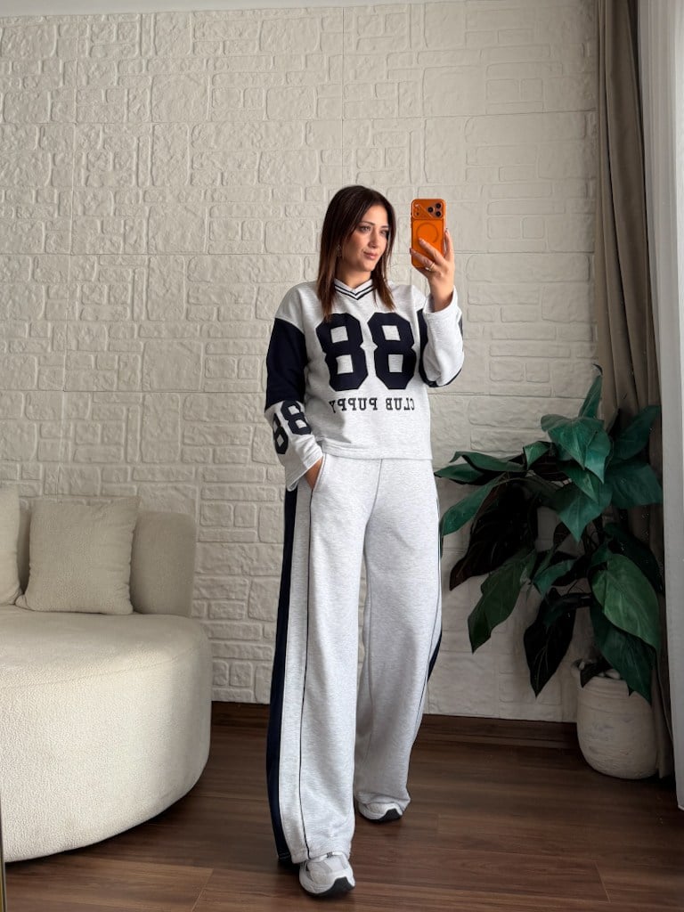 Gri Lacivert V Yaka 88 Nakışlı İki iplik Pamuk Sweat