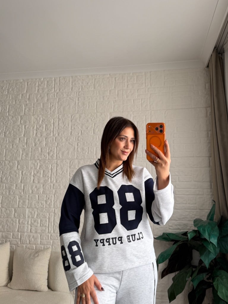 Gri Lacivert V Yaka 88 Nakışlı İki iplik Pamuk Sweat