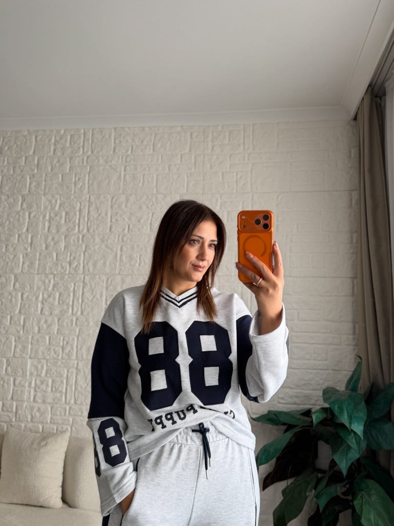 Gri Lacivert V Yaka 88 Nakışlı İki iplik Pamuk Sweat