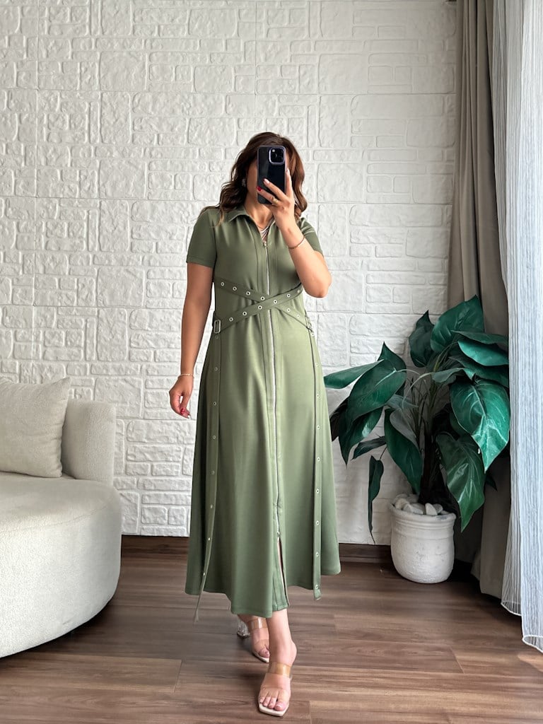 Haki Yeşil Fermuarlı Kuşgözü Model Modal Elbise