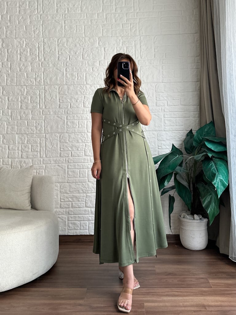 Haki Yeşil Fermuarlı Kuşgözü Model Modal Elbise