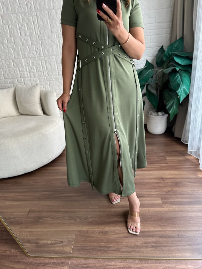 Haki Yeşil Fermuarlı Kuşgözü Model Modal Elbise