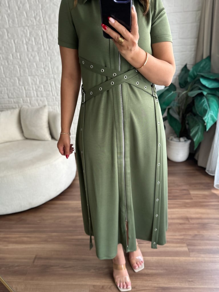 Haki Yeşil Fermuarlı Kuşgözü Model Modal Elbise