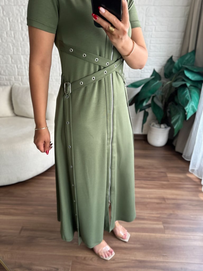 Haki Yeşil Fermuarlı Kuşgözü Model Modal Elbise