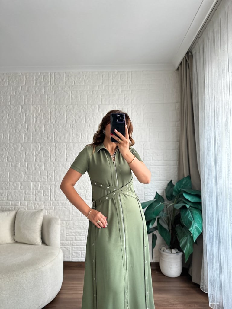 Haki Yeşil Fermuarlı Kuşgözü Model Modal Elbise