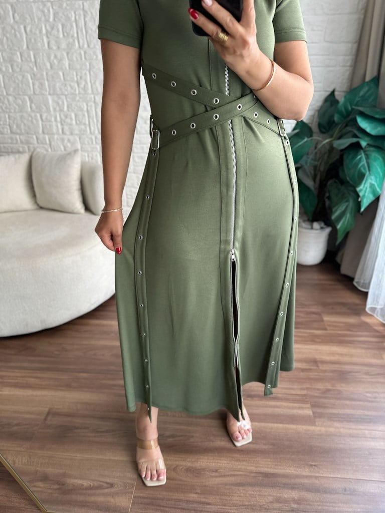 Haki Yeşil Fermuarlı Kuşgözü Model Modal Elbise