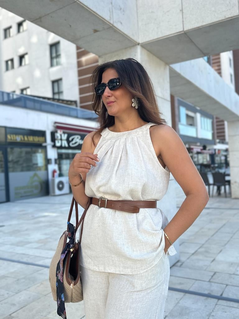 Halter Yaka Ham Keten Rahat Kalıp Bluz