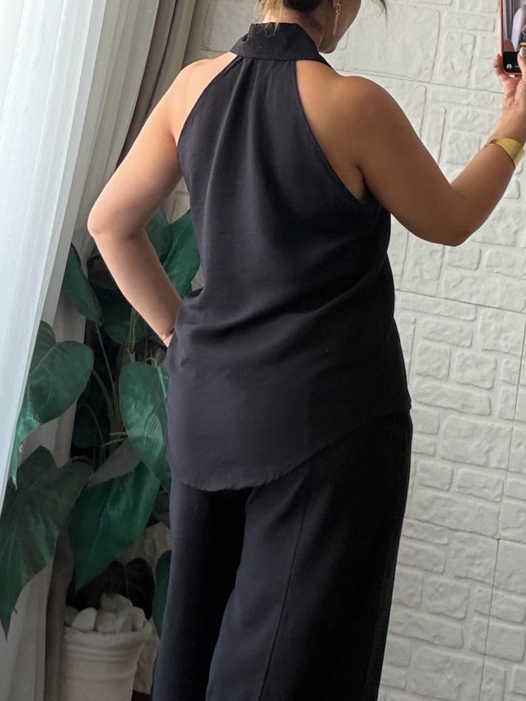 Halter Yaka Keten Şalvar Yelek Takım Siyah