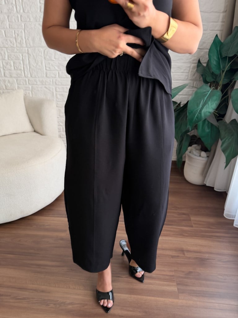 Halter Yaka Keten Şalvar Yelek Takım Siyah