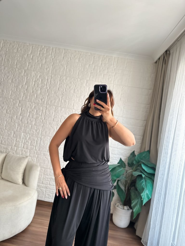 Halter Yaka Tasarım Şalvar Bluz Takım