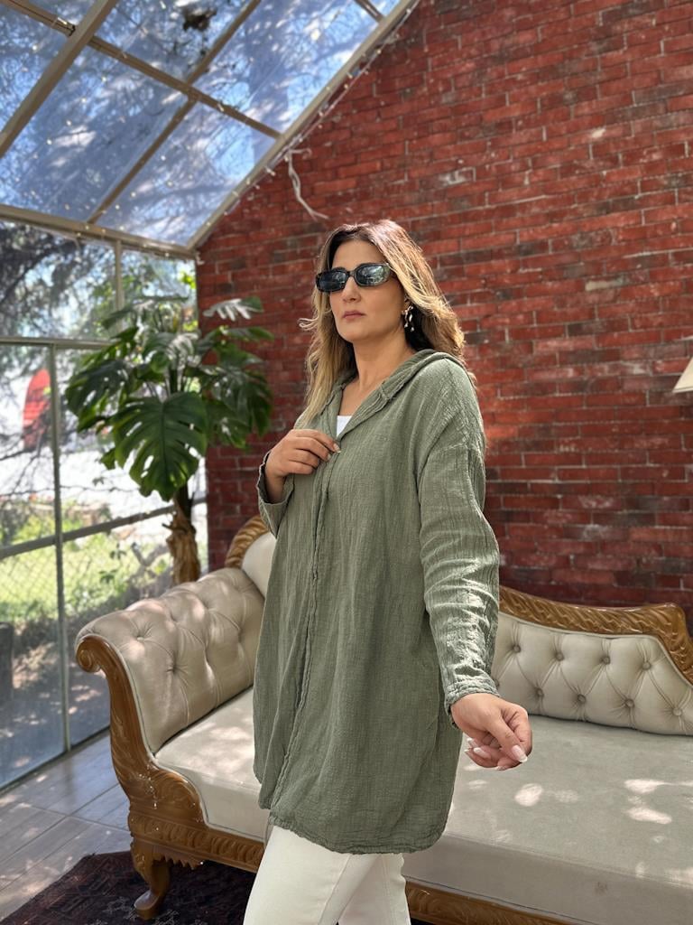 Ham Keten Sırt Detayllı Kapşonlu Ceket Haki Yeşil