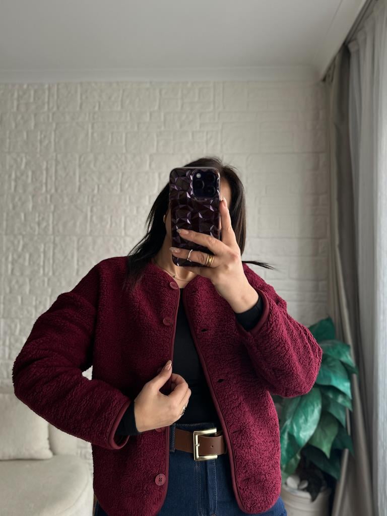 İçi Polarlı Düğmeli Pelüş Ceket Bordo