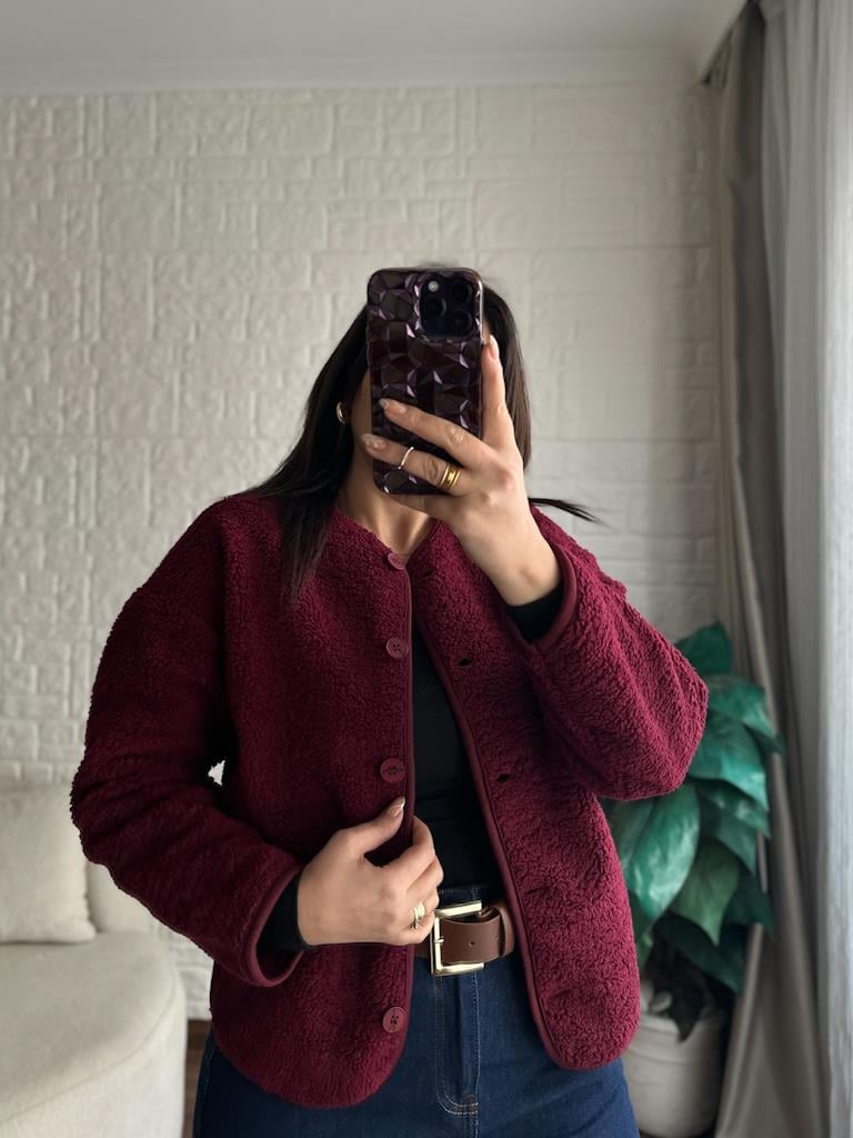 İçi Polarlı Düğmeli Pelüş Ceket Bordo