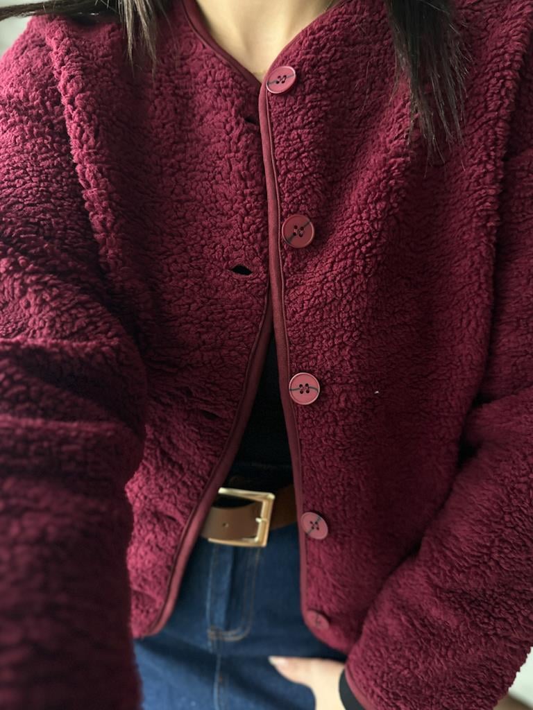 İçi Polarlı Düğmeli Pelüş Ceket Bordo