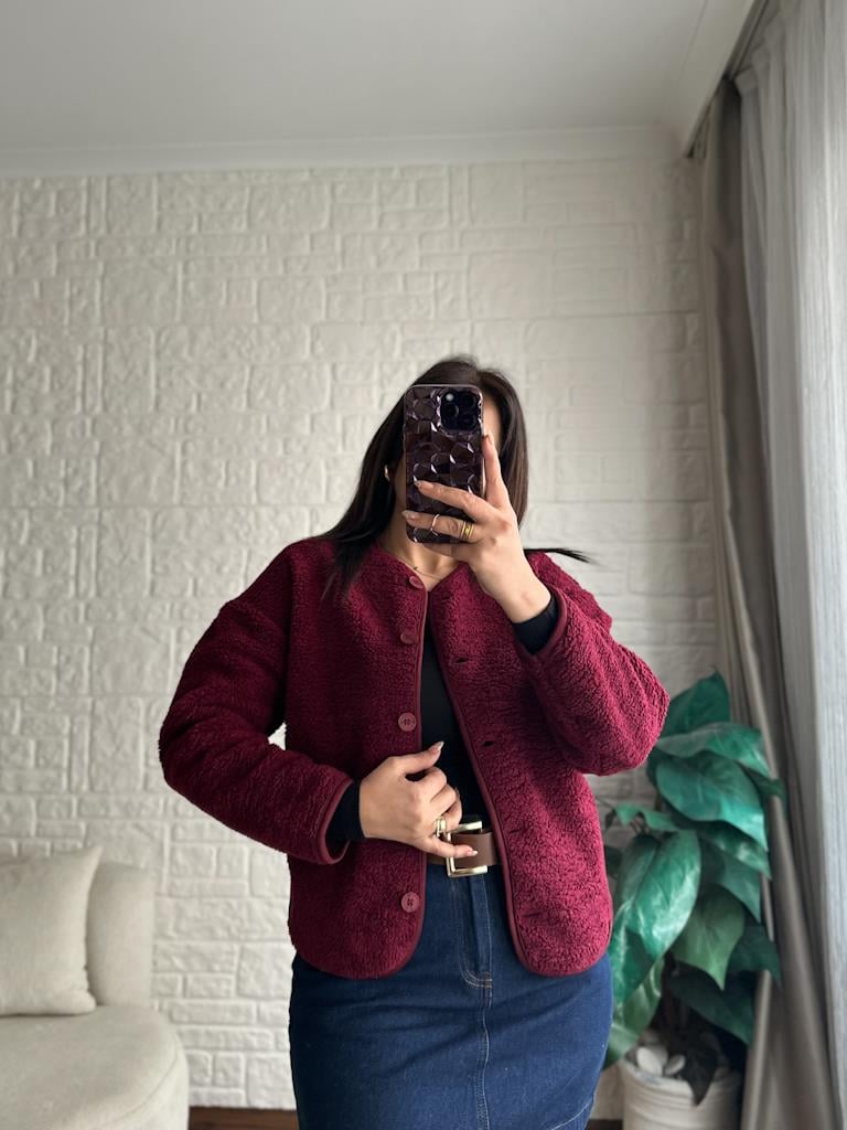 İçi Polarlı Düğmeli Pelüş Ceket Bordo