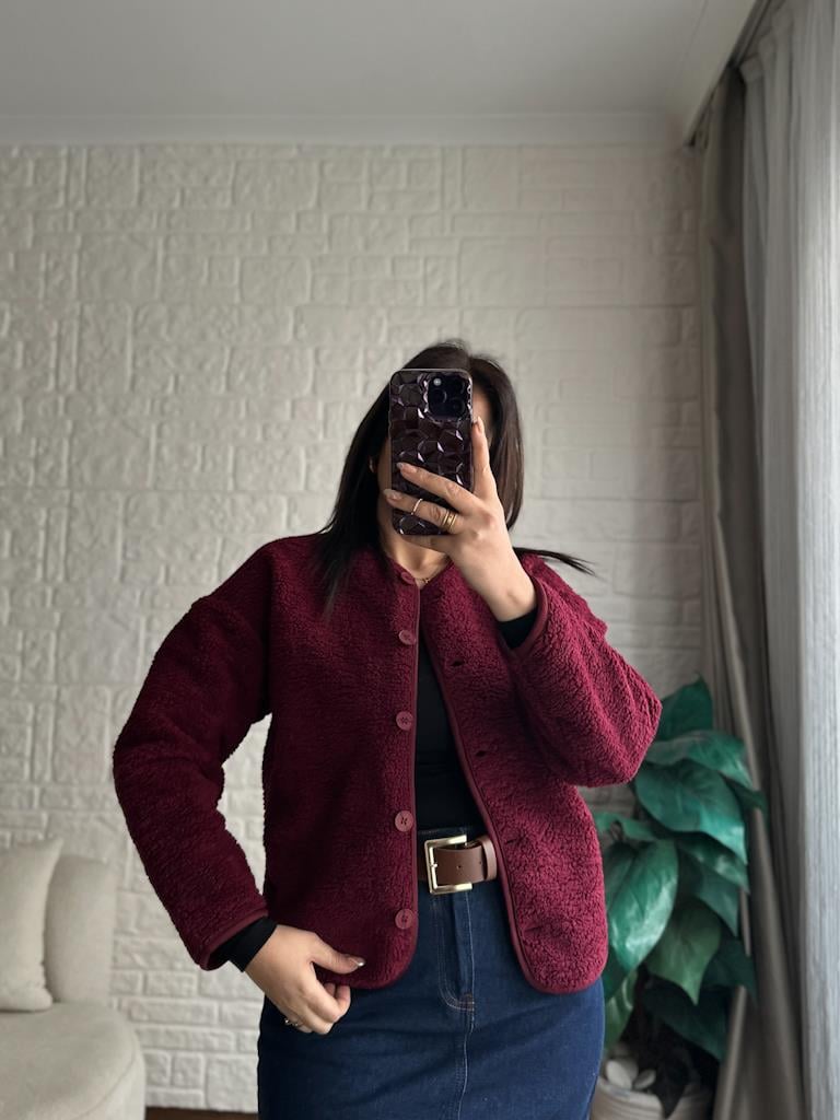 İçi Polarlı Düğmeli Pelüş Ceket Bordo