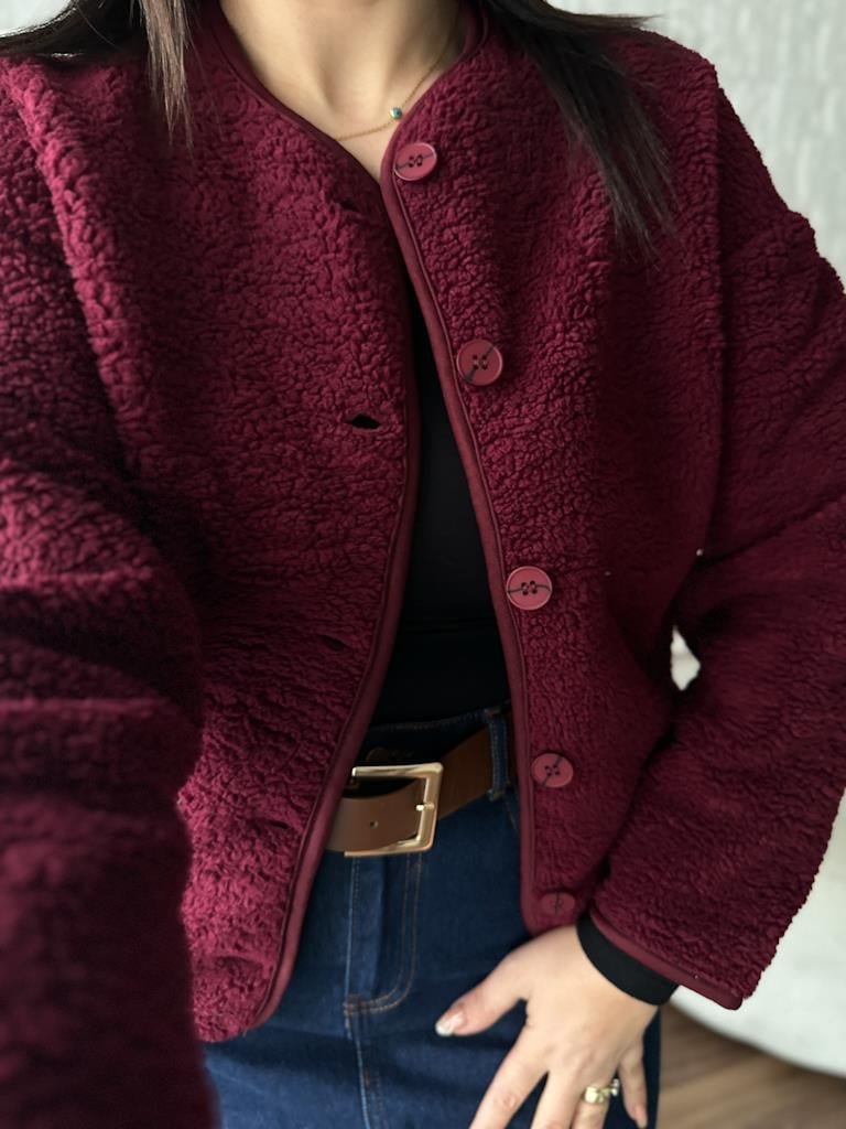 İçi Polarlı Düğmeli Pelüş Ceket Bordo
