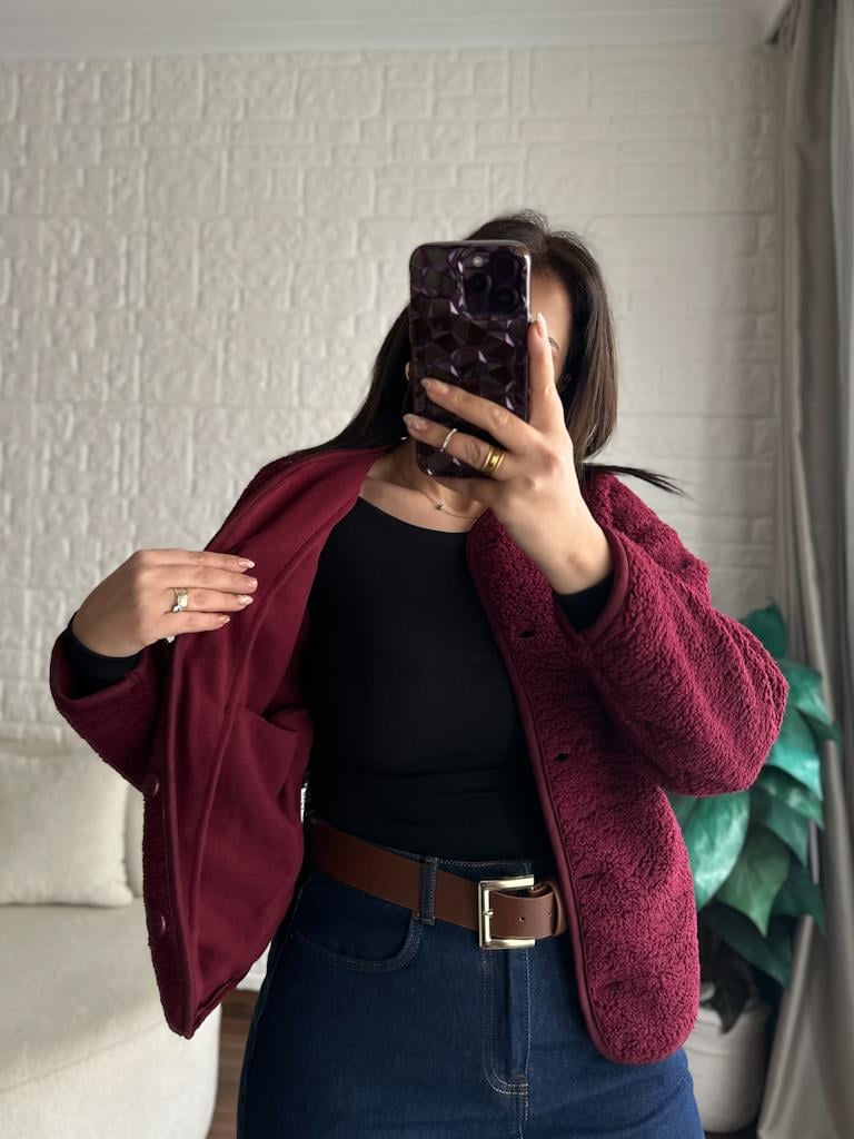 İçi Polarlı Düğmeli Pelüş Ceket Bordo