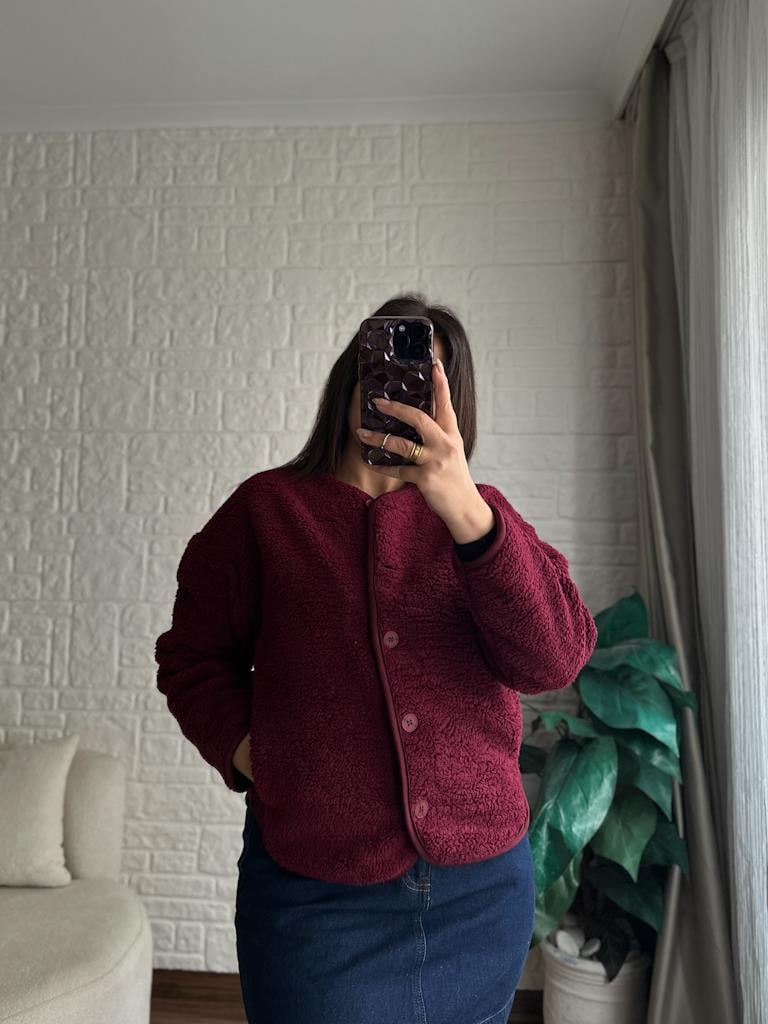 İçi Polarlı Düğmeli Pelüş Ceket Bordo