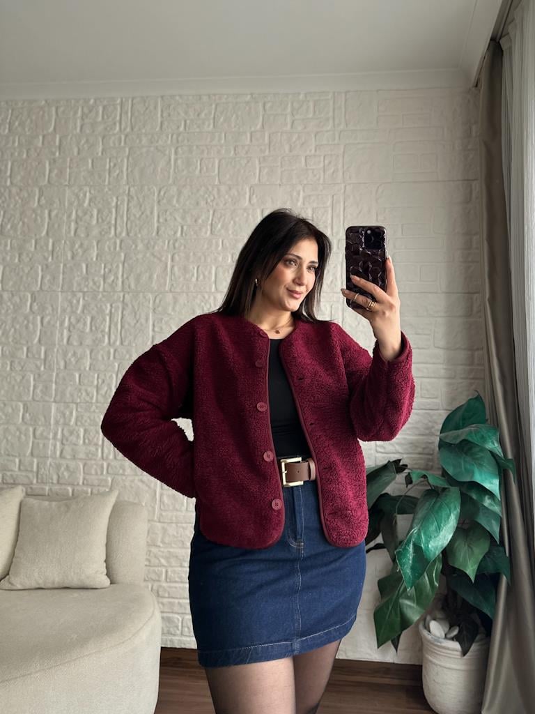 İçi Polarlı Düğmeli Pelüş Ceket Bordo