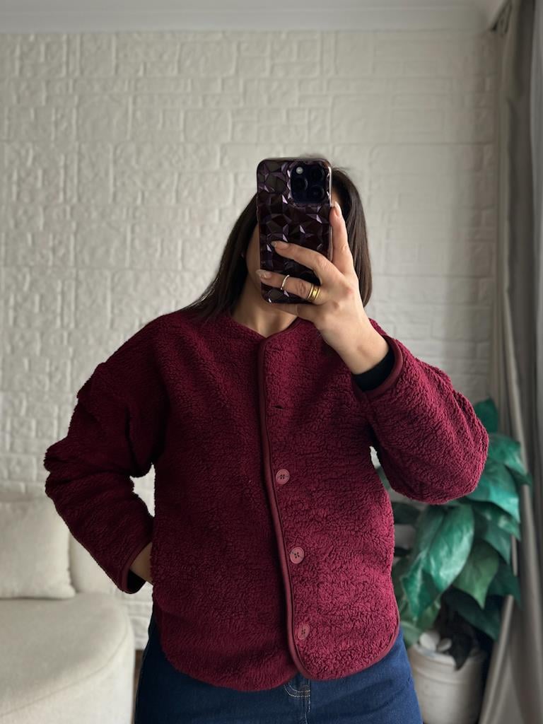 İçi Polarlı Düğmeli Pelüş Ceket Bordo
