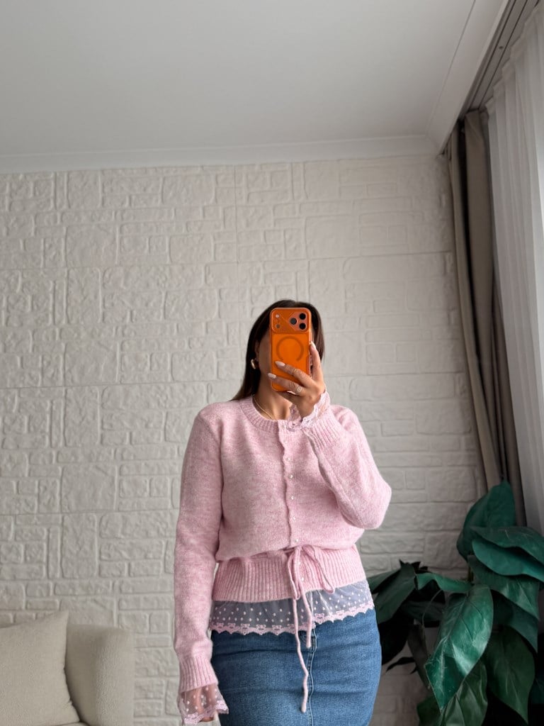 İnci Düğmeli Dantelli Hırka Pembe