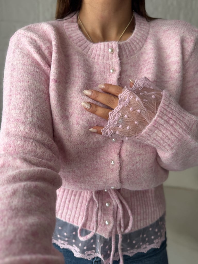 İnci Düğmeli Dantelli Hırka Pembe