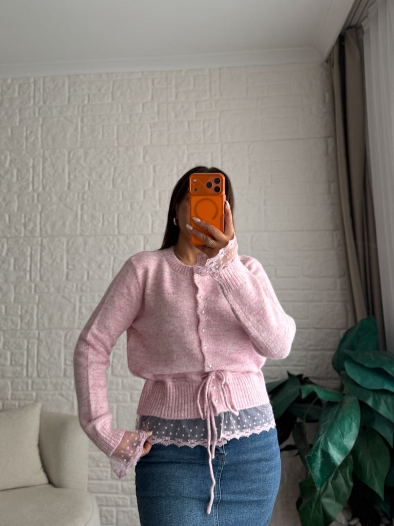 İnci Düğmeli Dantelli Hırka Pembe