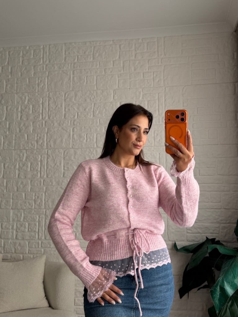 İnci Düğmeli Dantelli Hırka Pembe