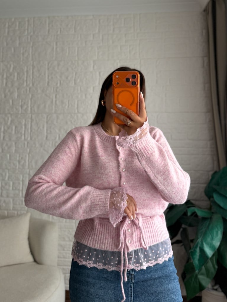 İnci Düğmeli Dantelli Hırka Pembe