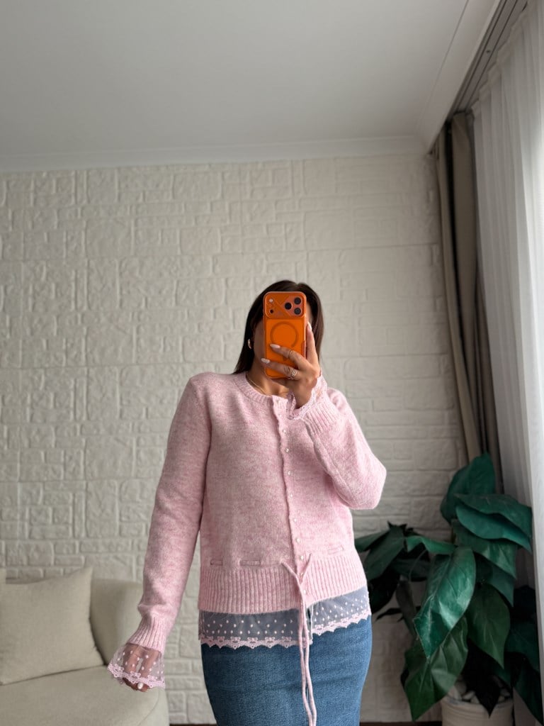 İnci Düğmeli Dantelli Hırka Pembe