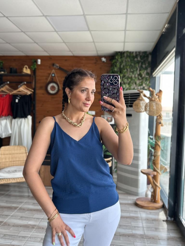 İndigo Mavi İthal Aerobin Kumaş Askılı Bluz