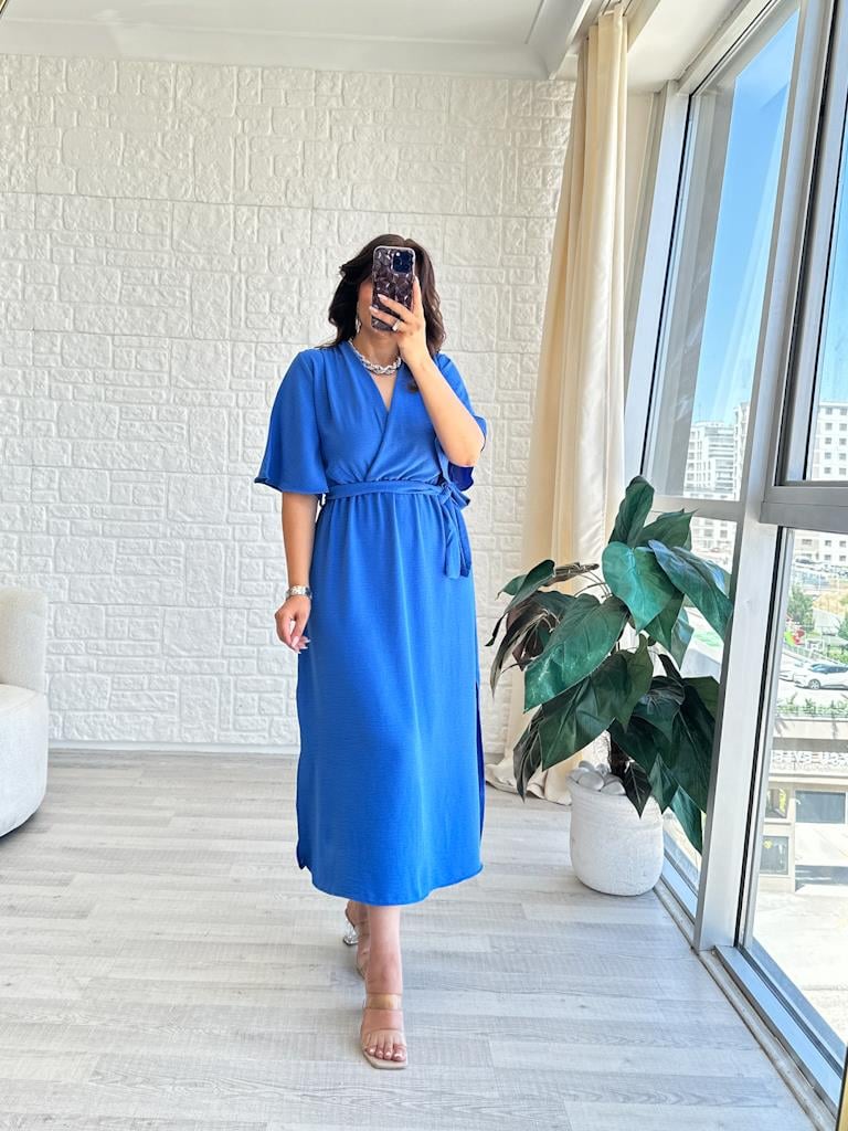 İndigo Mavi Kruvaze Yaka Yan Yırtmaçlı Kuşaklı Aerobin Elbise