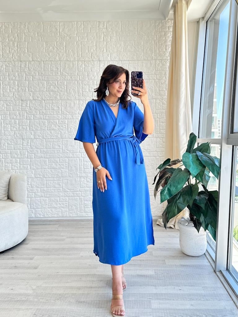 İndigo Mavi Kruvaze Yaka Yan Yırtmaçlı Kuşaklı Aerobin Elbise