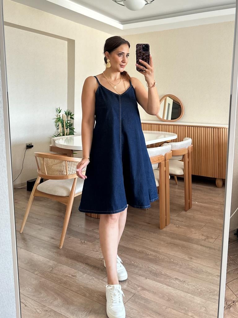 İp Askılı Mini Jean Elbise