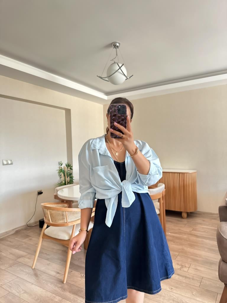 İp Askılı Mini Jean Elbise