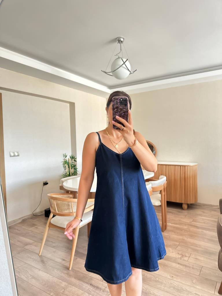 İp Askılı Mini Jean Elbise