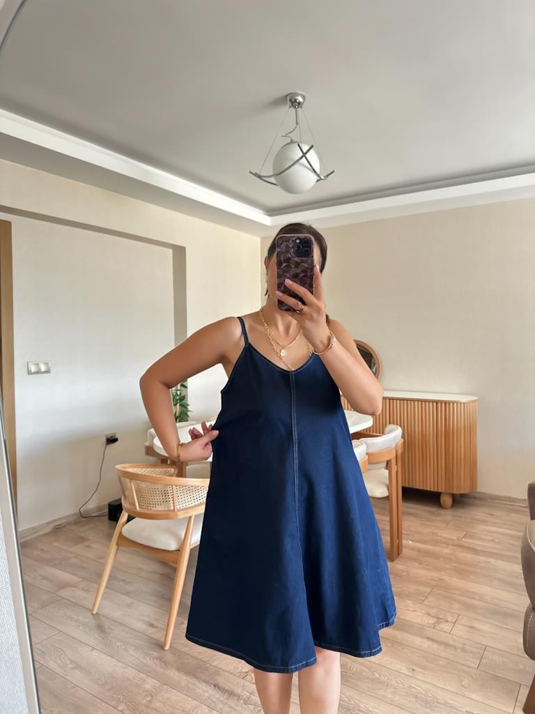 İp Askılı Mini Jean Elbise