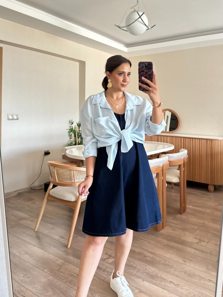 İp Askılı Mini Jean Elbise