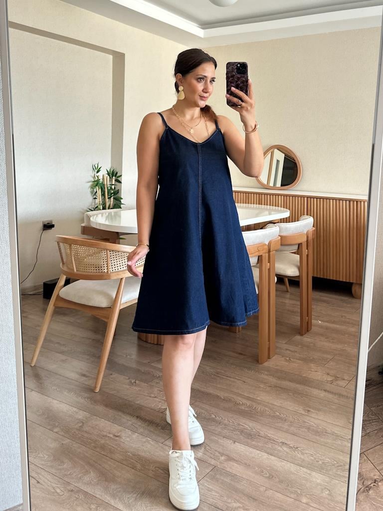 İp Askılı Mini Jean Elbise