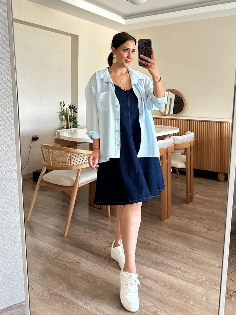 İp Askılı Mini Jean Elbise